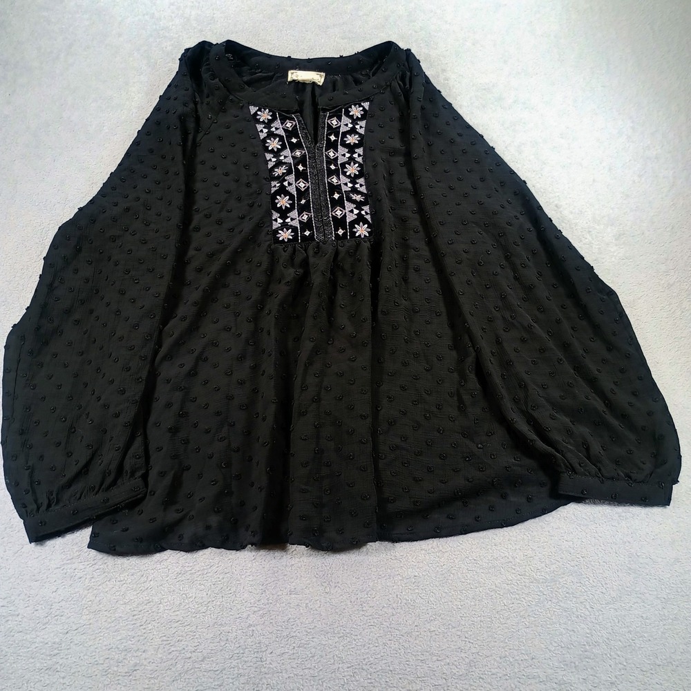 Cloth & Portrait Womens Embroidered Swiss Dot Blouse Black Large Boho Top